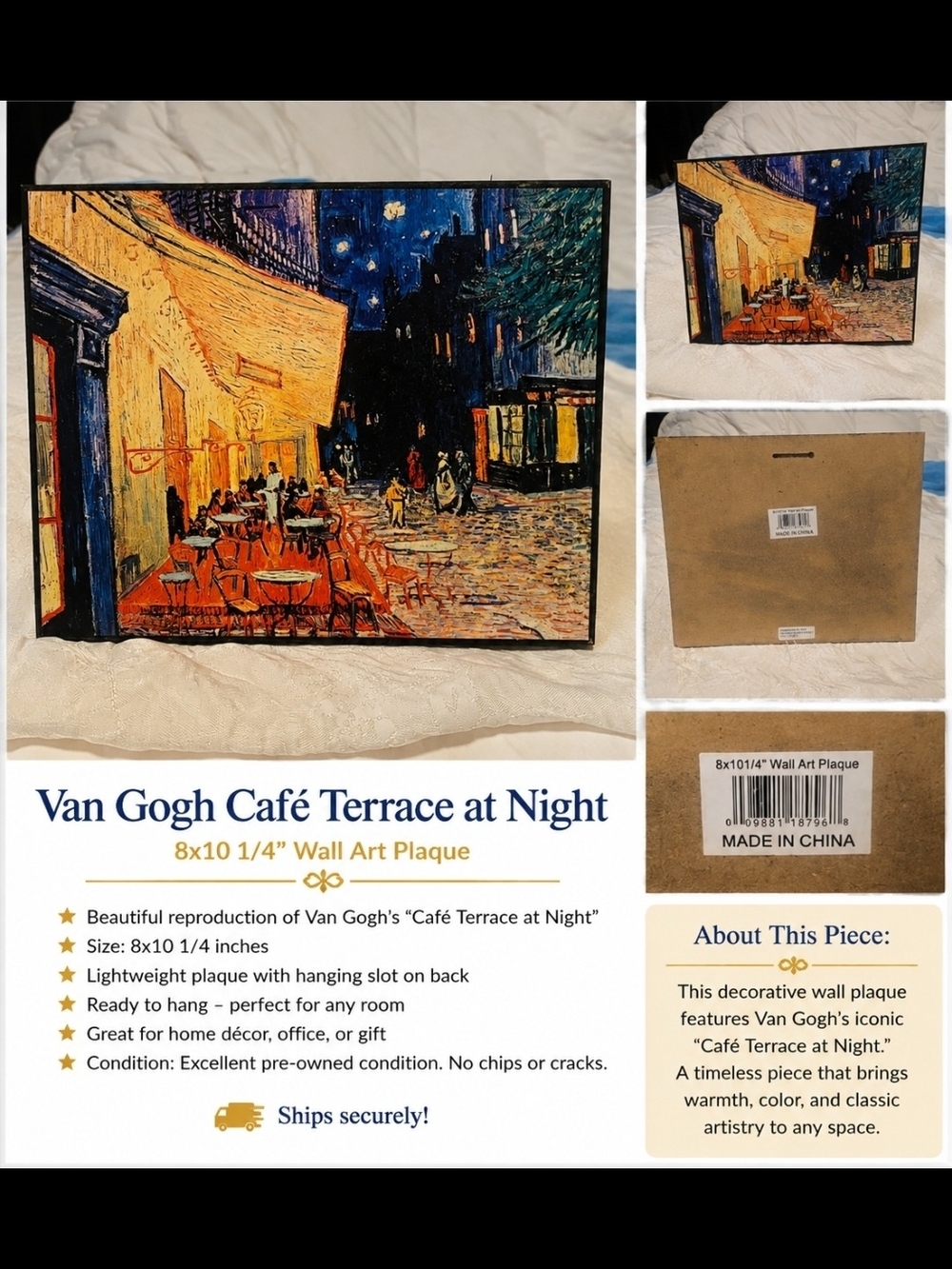 Van Gogh Café Terrace at Night Wall Art Plaque - Yellow & Blue